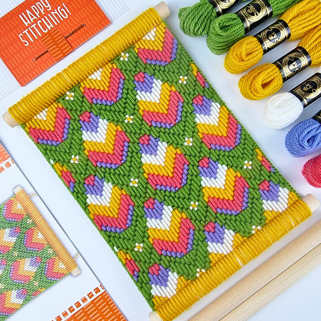 Retro Blooms Bargello Wall Hanging Kit with project box, tapestry wool and included crafting materials