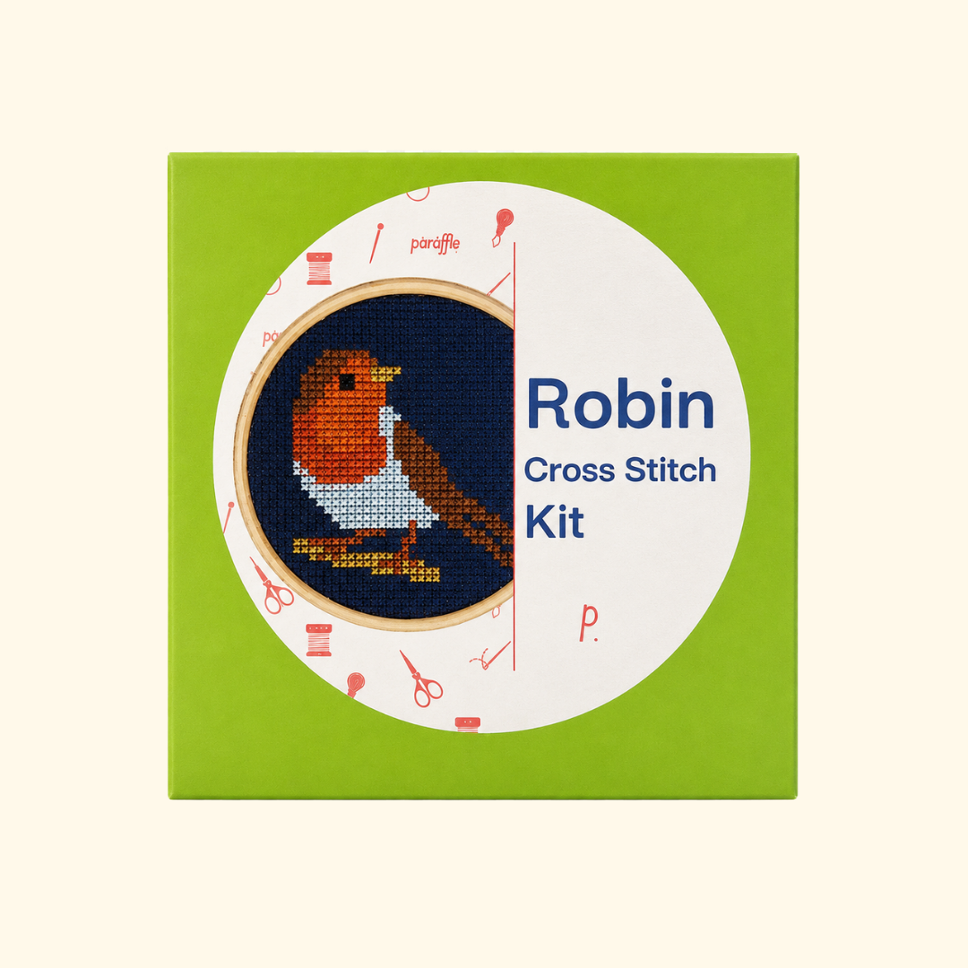 Robin Redbreast Mini Cross Stitch Kit by Paraffle presented in colourful plastic-free packaging.