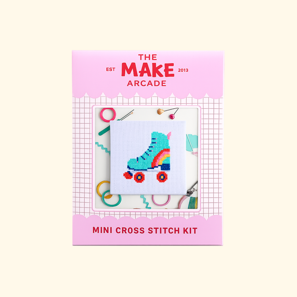 Roller Derby Mini Cross Stitch Kit packaging by The Make Arcade showing the finished roller skate design.