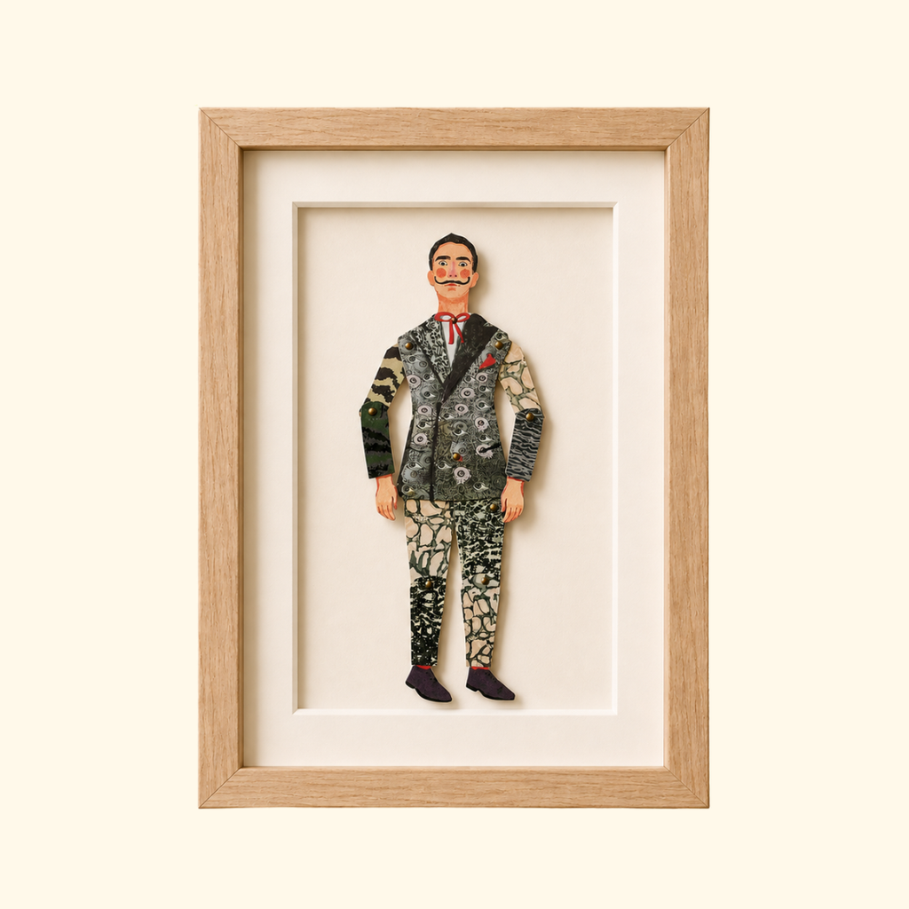 Salvador Dali paper puppet by Wini Tapp displayed finished in a wooden frame
