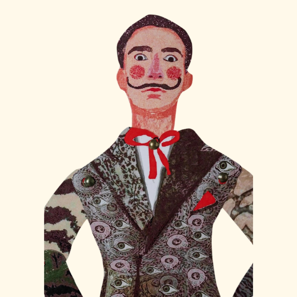 Salvador Dali articulated paper puppet detail with iconic moustache and patterned suit