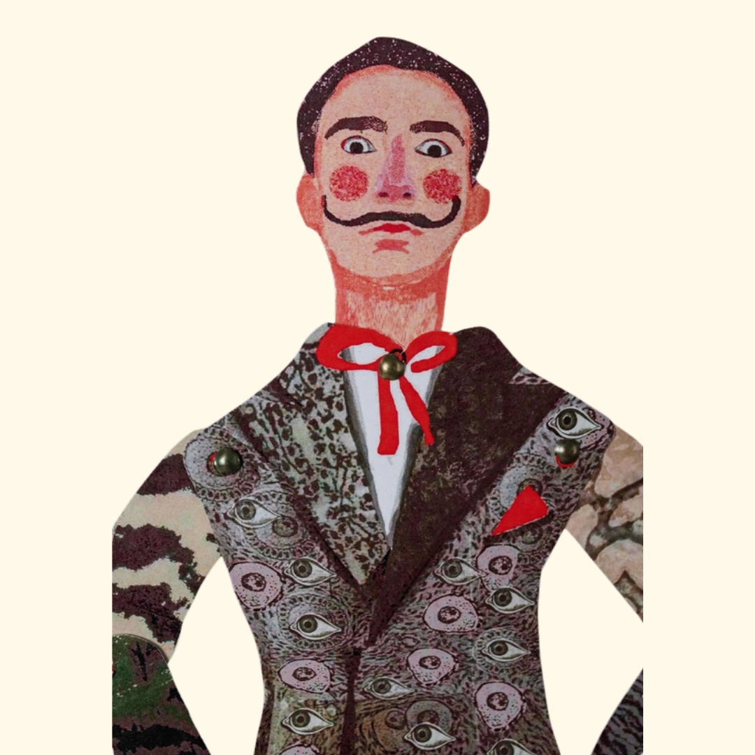 Salvador Dali articulated paper puppet detail with iconic moustache and patterned suit