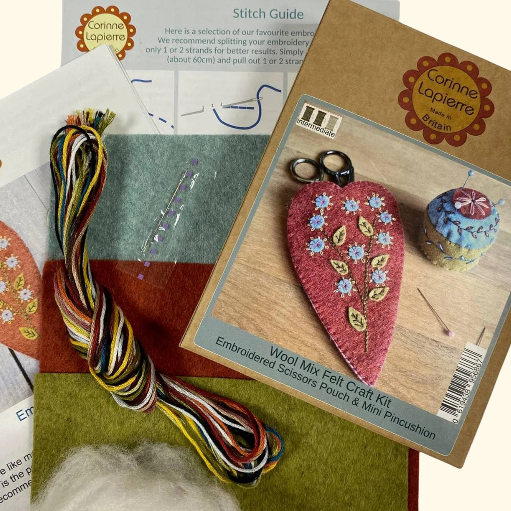 Scissors Pouch And Pincushion Felt Craft Kit with felt, embroidery threads, templates and instructions