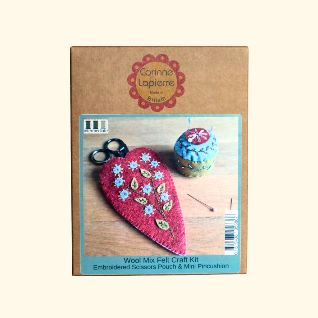 Scissors Pouch And Pincushion Felt Craft Kit packaging showing the finished project