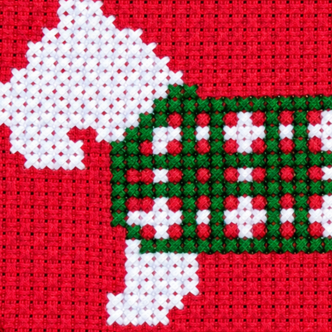 Close-up of a white Scottish terrier cross stitch wearing a green and red tartan coat on a red background.