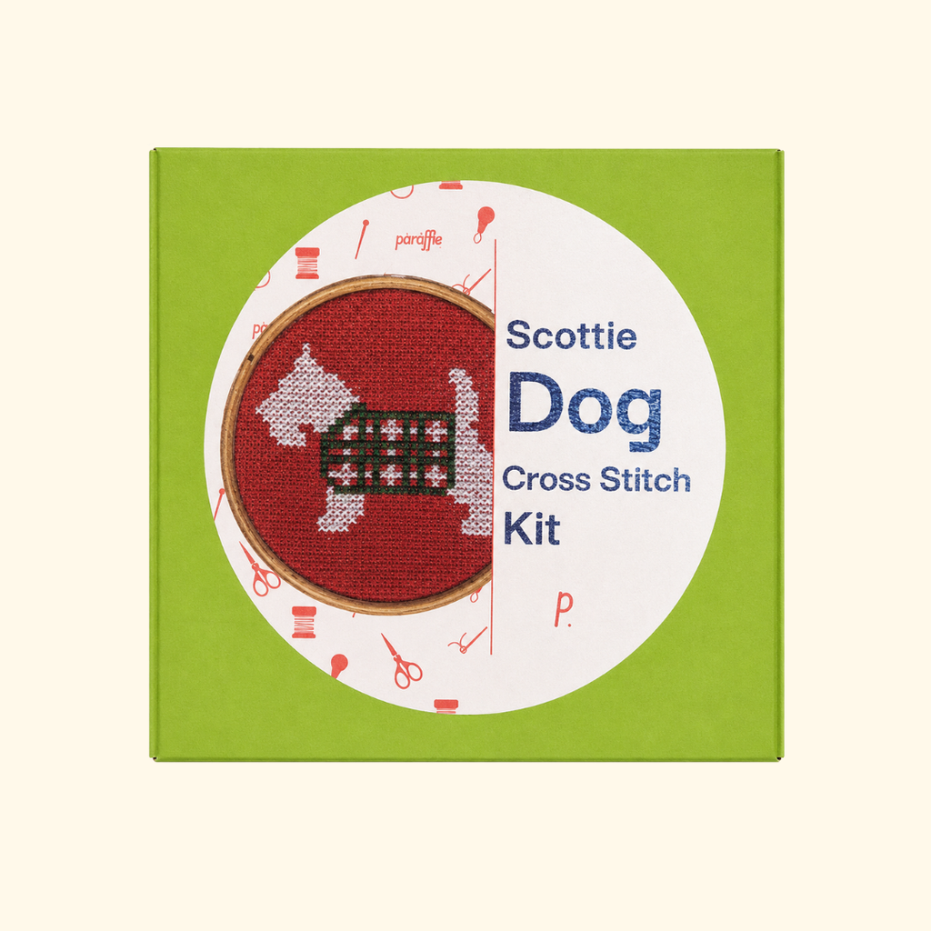 Scottie Dog Mini Cross Stitch Kit by Paraffle presented in colourful plastic-free packaging.
