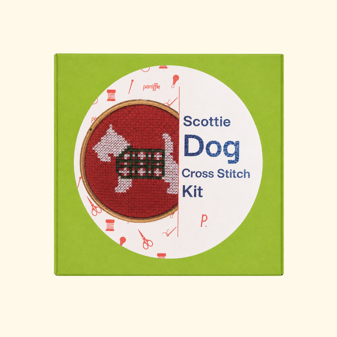 Scottie Dog Mini Cross Stitch Kit by Paraffle presented in colourful plastic-free packaging.