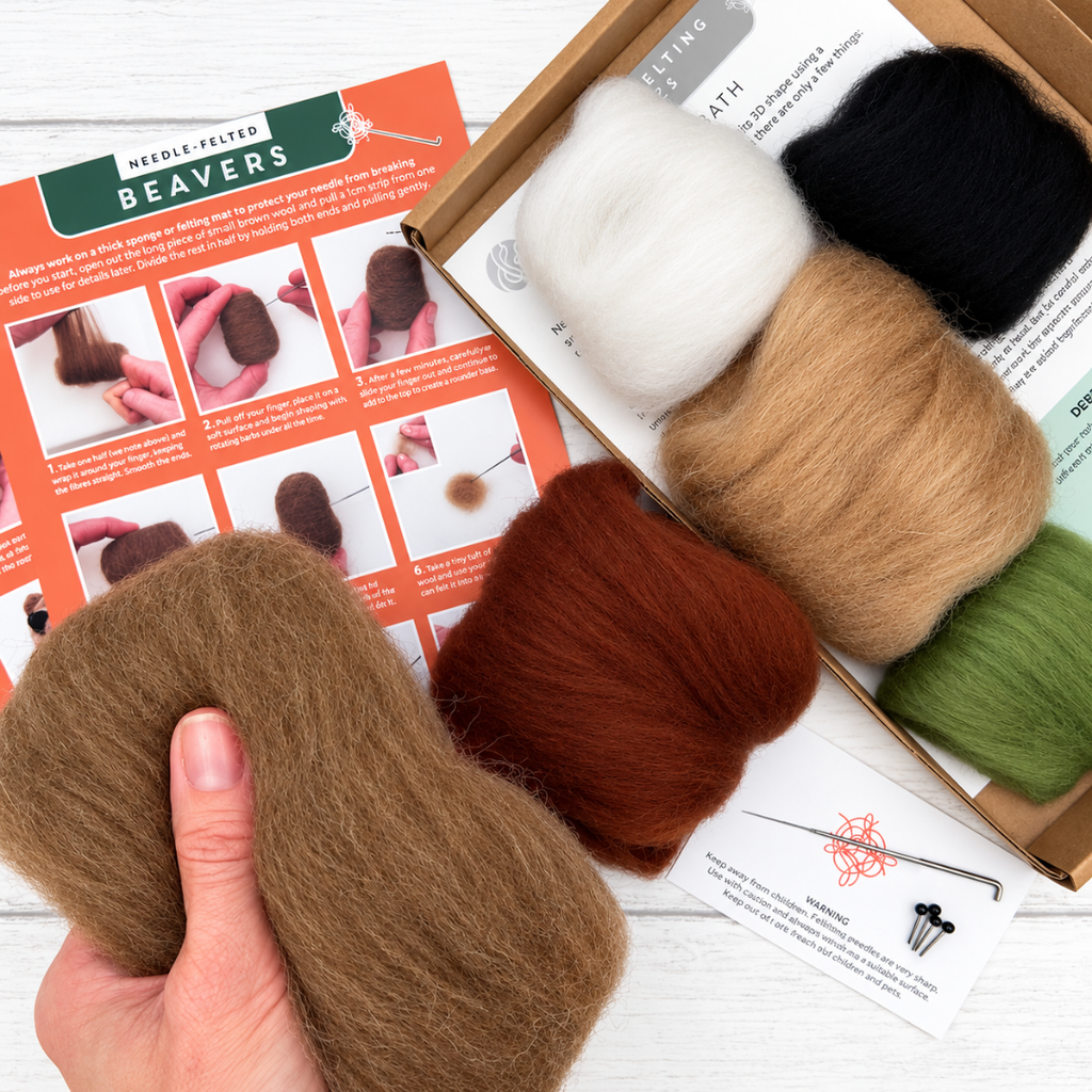 Hands shaping brown wool into a beaver using a felting needle, surrounded by natural wool fibres and illustrated instructions from the Bergin And Bath kit.