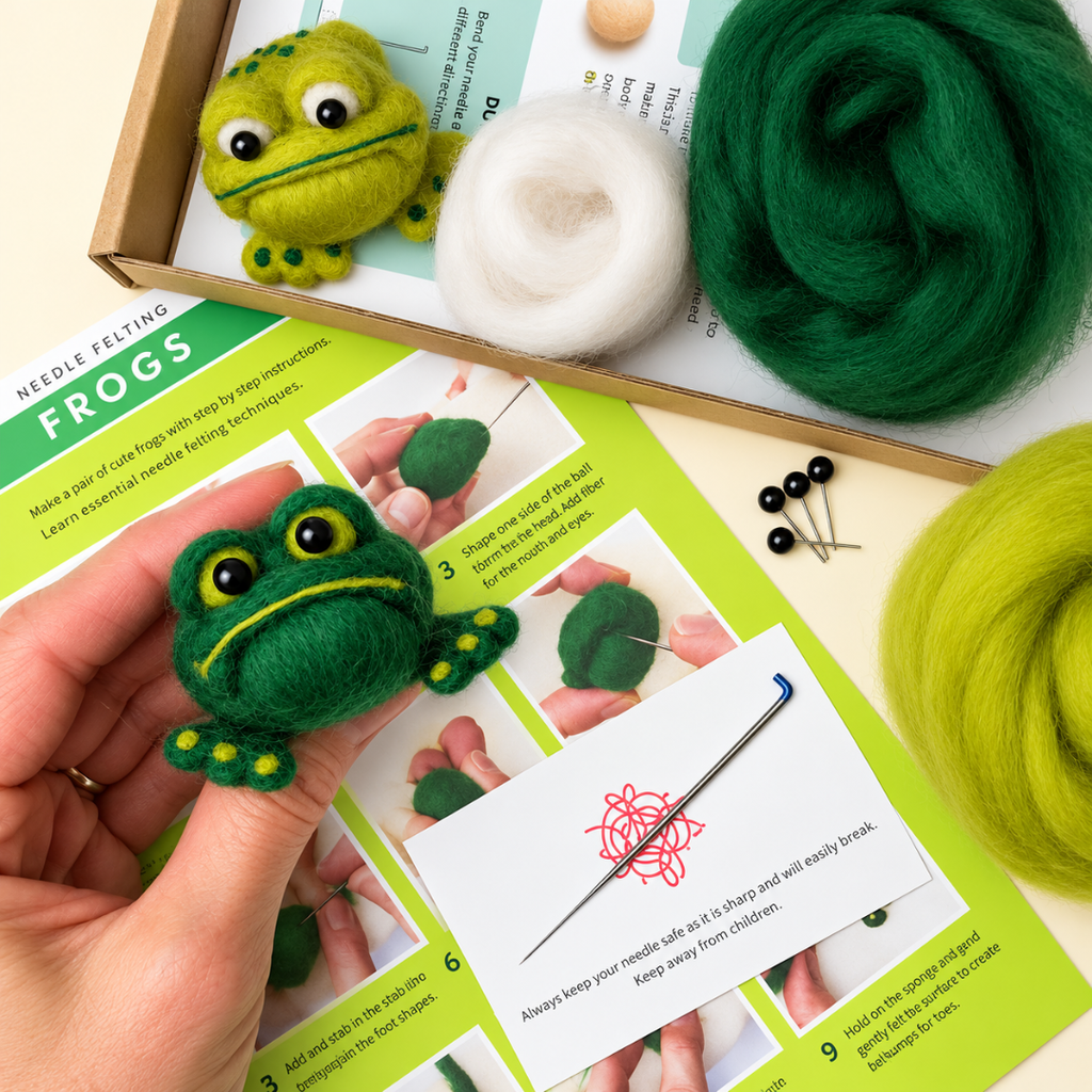 Handmade green wool frog displayed with green wool fibres, felting needles and illustrated instructions from the Bergin And Bath Frogs Needle Felting Kit.