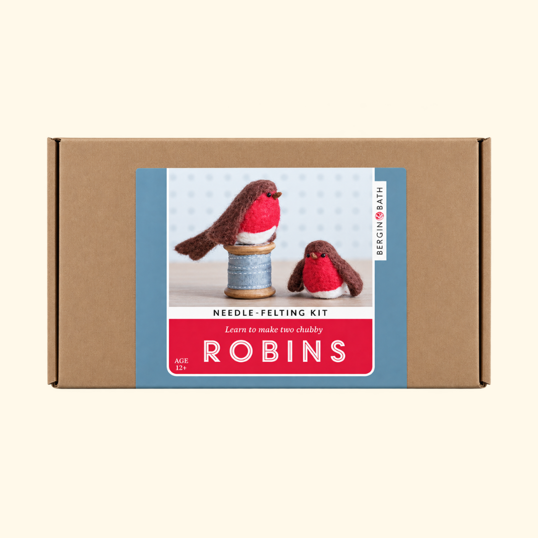 Bergin And Bath Set Of 2 Robins Needle Felting Kit in kraft cardboard packaging with a colourful illustrated label featuring two red-breasted robins.