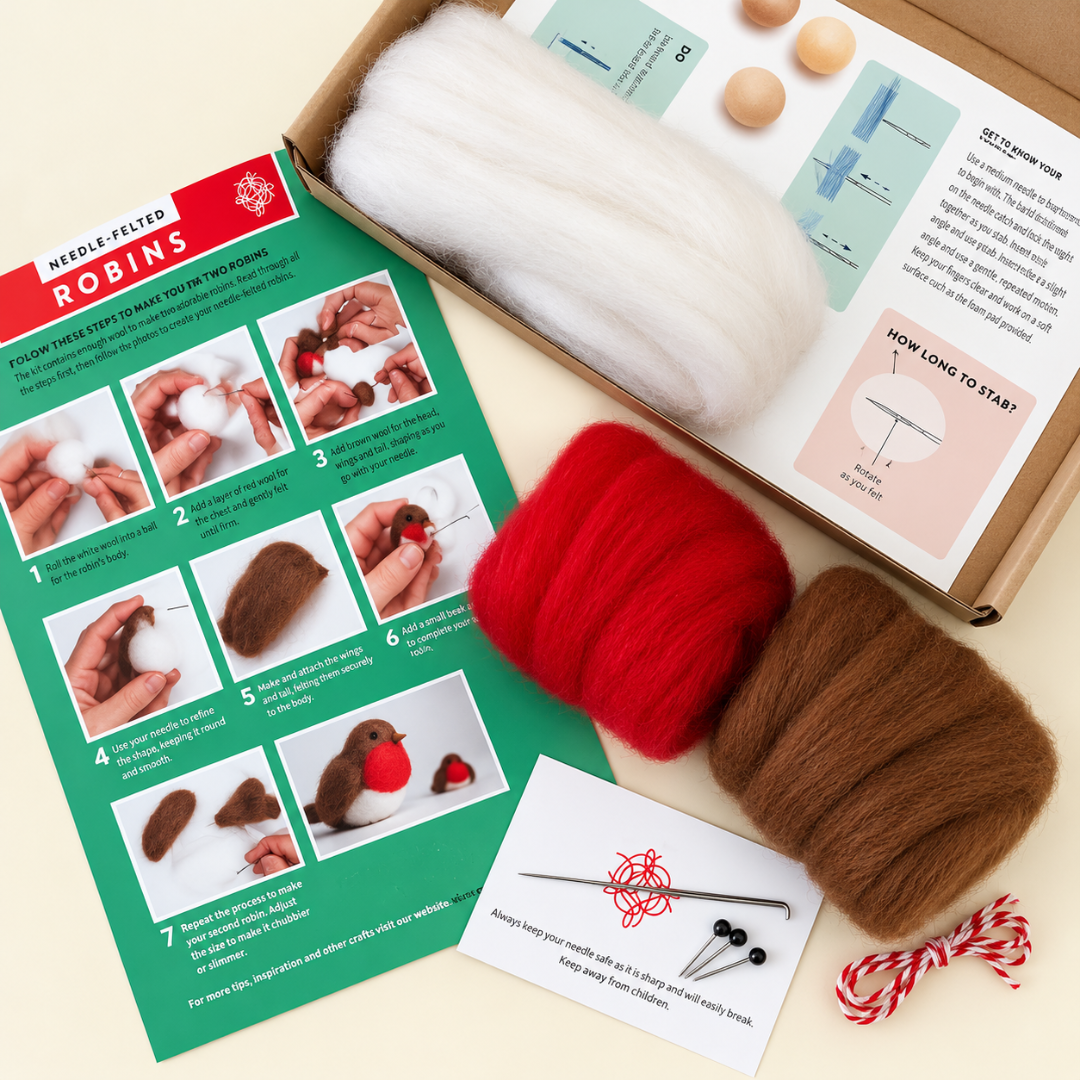 Red, brown and white wool fibres displayed with photographic instruction cards and felting supplies from the Bergin And Bath Robins Needle Felting Kit.