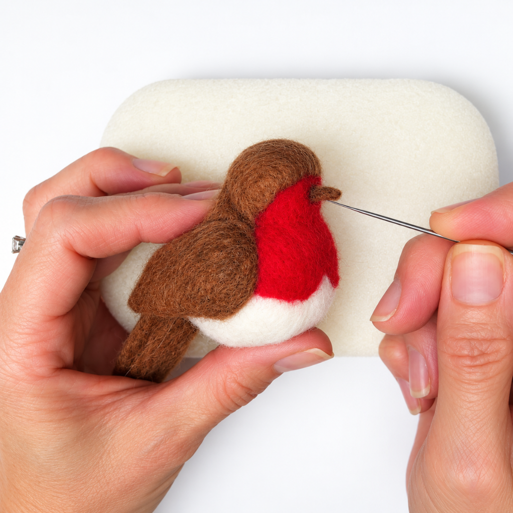 Close-up of hands shaping a red-breasted wool robin using a specialist felting needle, demonstrating how to create handmade Christmas bird decorations.