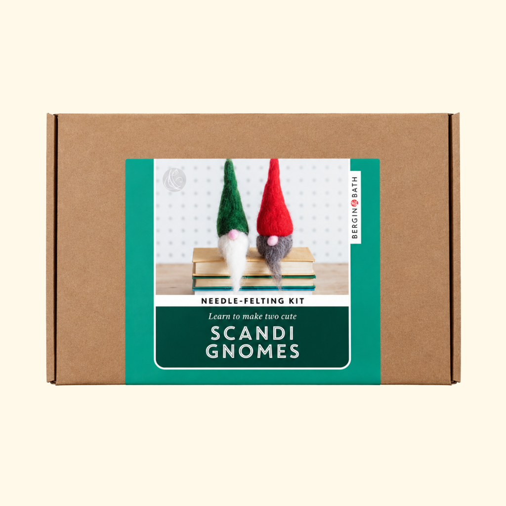 Bergin And Bath Set Of 2 Scandi Gnomes Needle Felting Kit in kraft cardboard packaging with a green illustrated label featuring two festive gnomes.