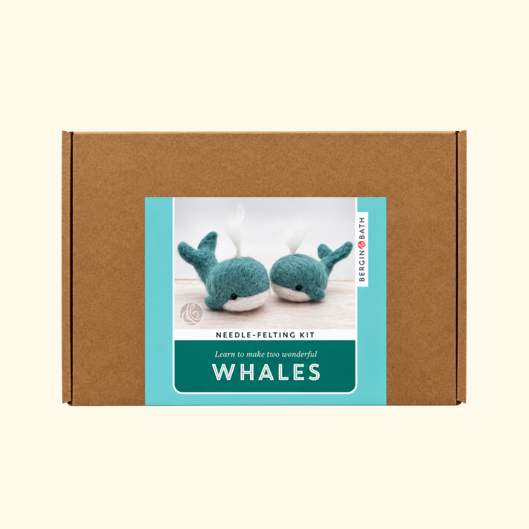 Bergin And Bath Set Of 2 Whales Needle Felting Kit in kraft cardboard packaging with an illustrated label featuring two blue whales.