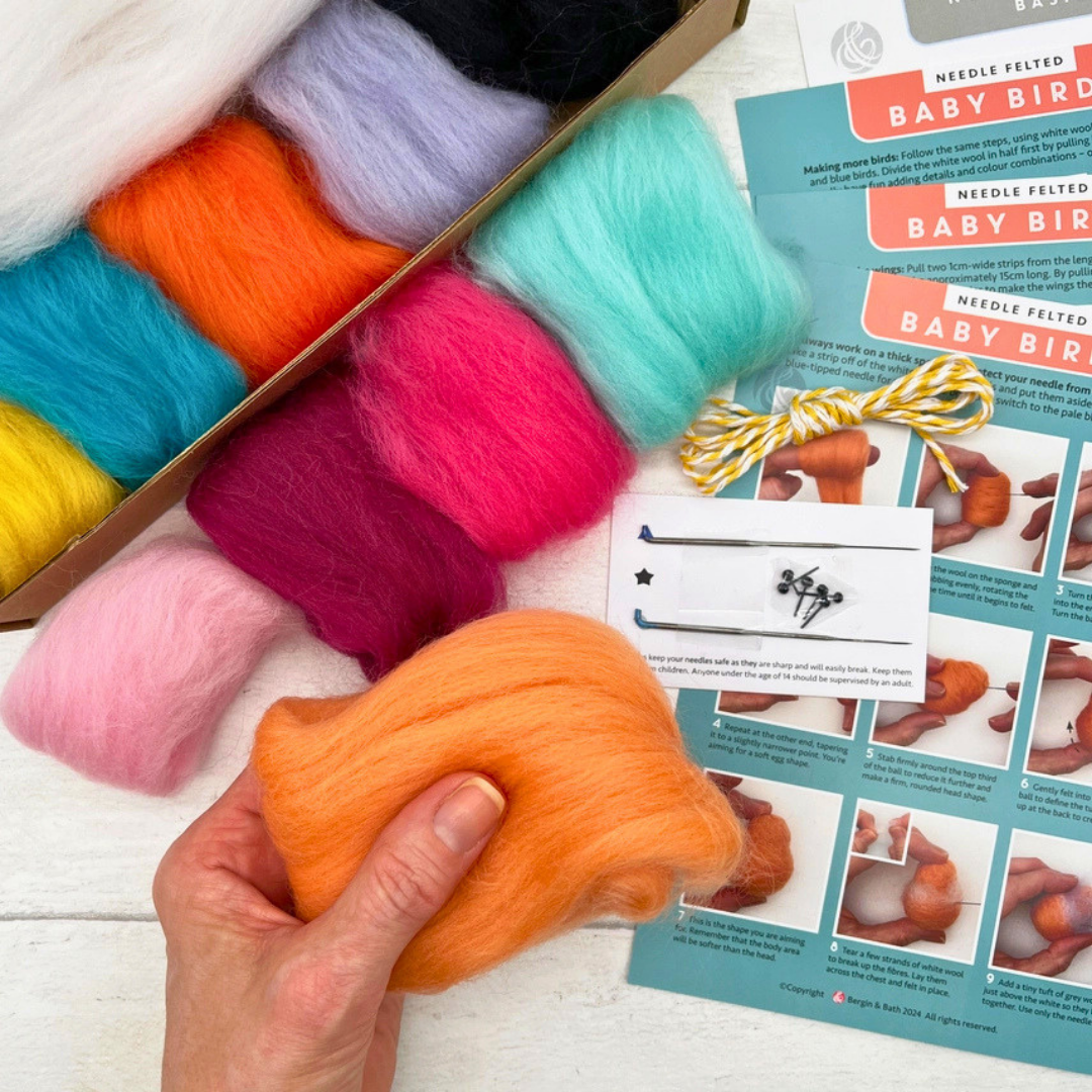 Colourful wool fibres and instructions included in the baby birds needle felting kit