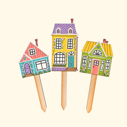 Set of three colourful finished cottage plant stakes from the Paint Your Plant Stakes Kit by DIY The Hell Not.