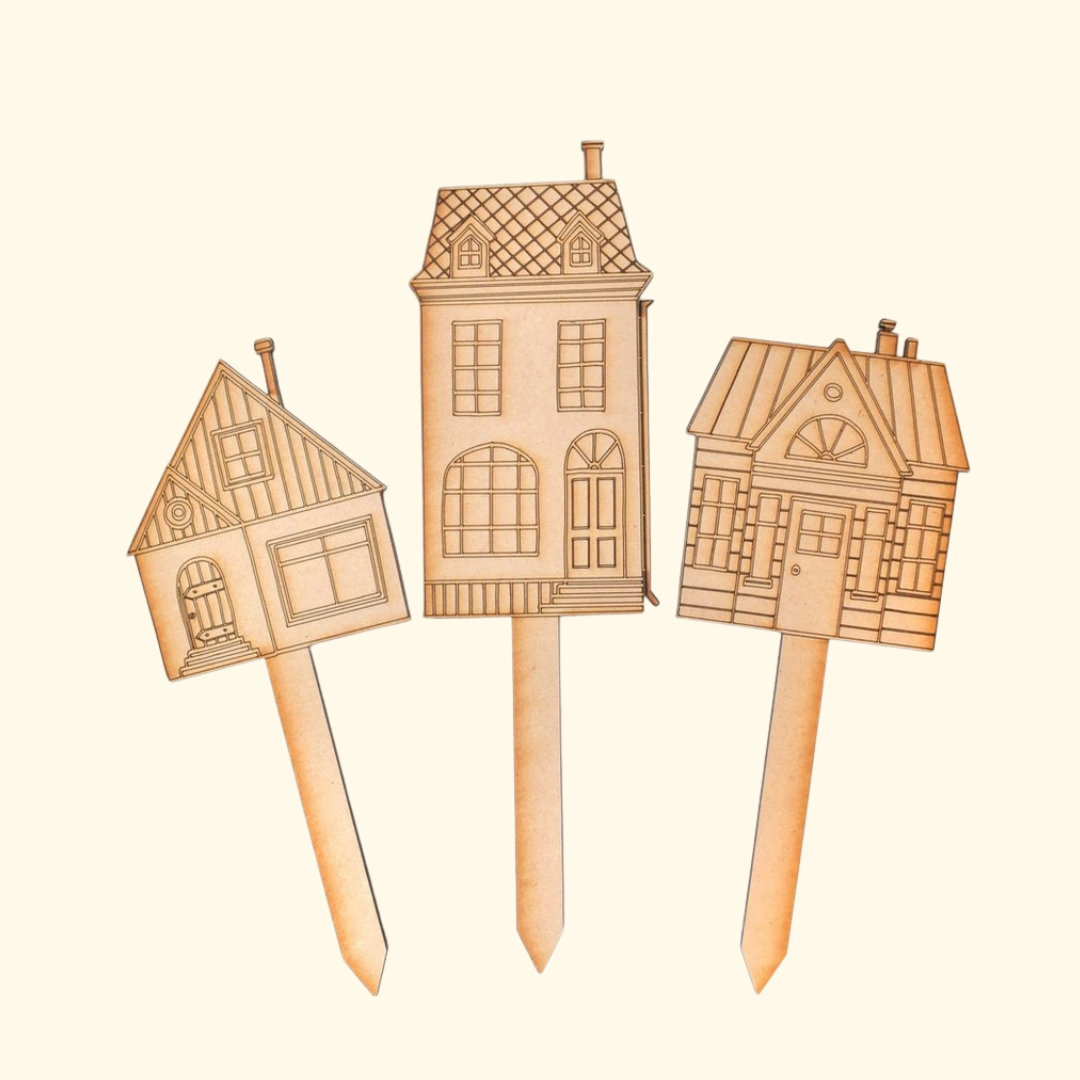Set of three unpainted wooden cottage plant stakes included in the DIY The Hell Not painting kit.