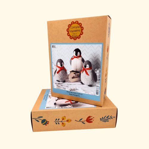 Set of 3 Penguin Felt Craft Kit by Corinne Lapierre displayed in its recyclable retail packaging.