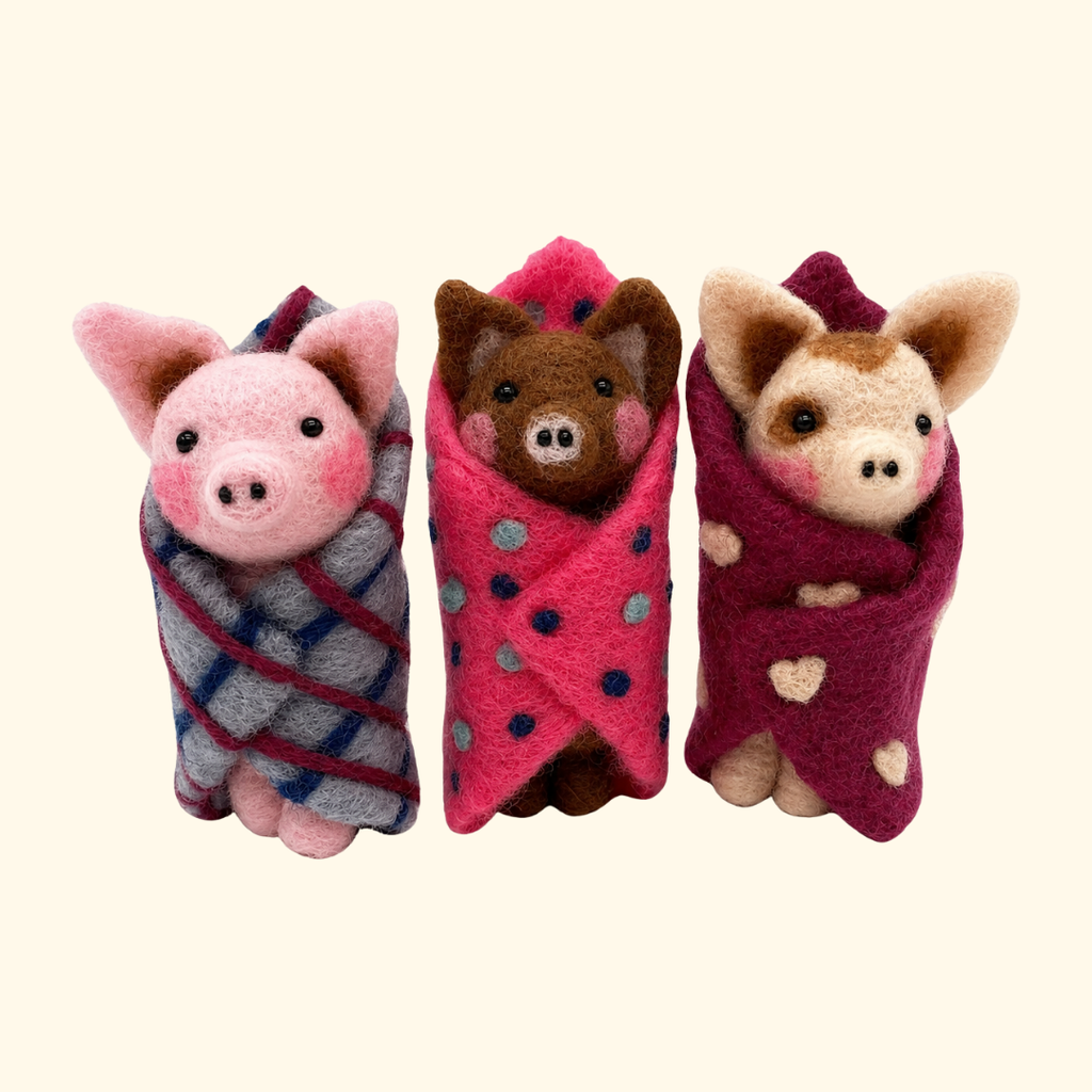 Set of 3 pigs in blankets needle felting kit by Bergin & Bath