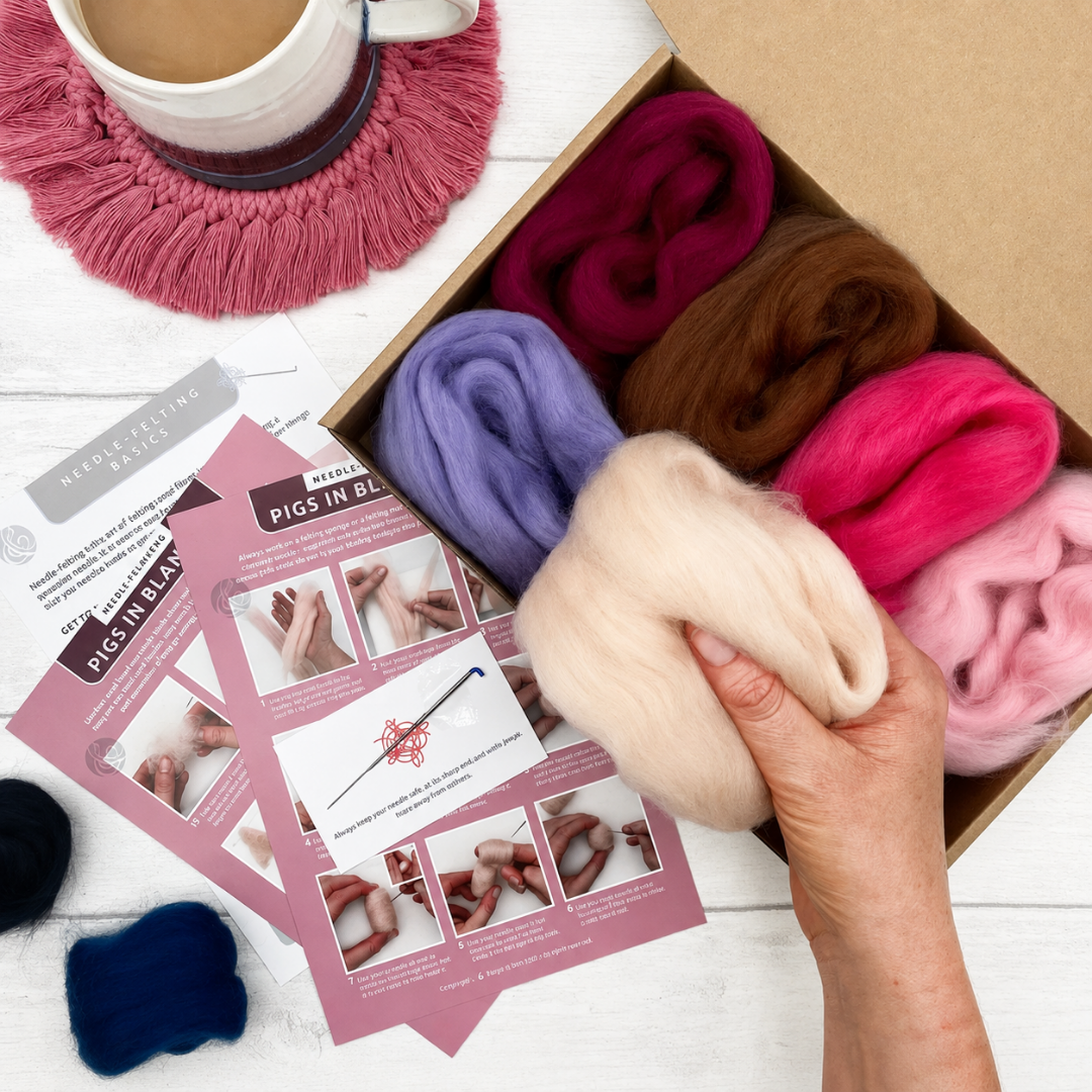 Wool fibres and photographic instructions included in the pigs needle felting kit