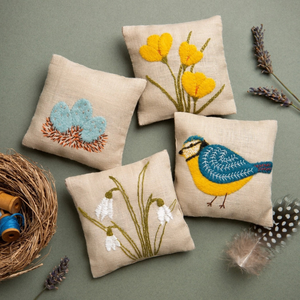 Four handmade embroidered linen lavender bags styled together, featuring colourful bird, flower, feather and botanical designs.