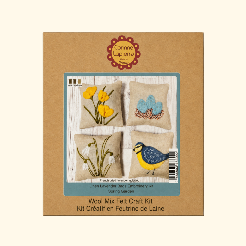 Corinne Lapierre Set of 4 Linen Lavender Bags craft kit shown in its illustrated presentation box.