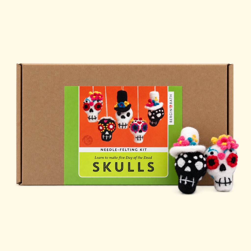 Bergin & Bath sugar skulls needle felting kit with box and finished designs