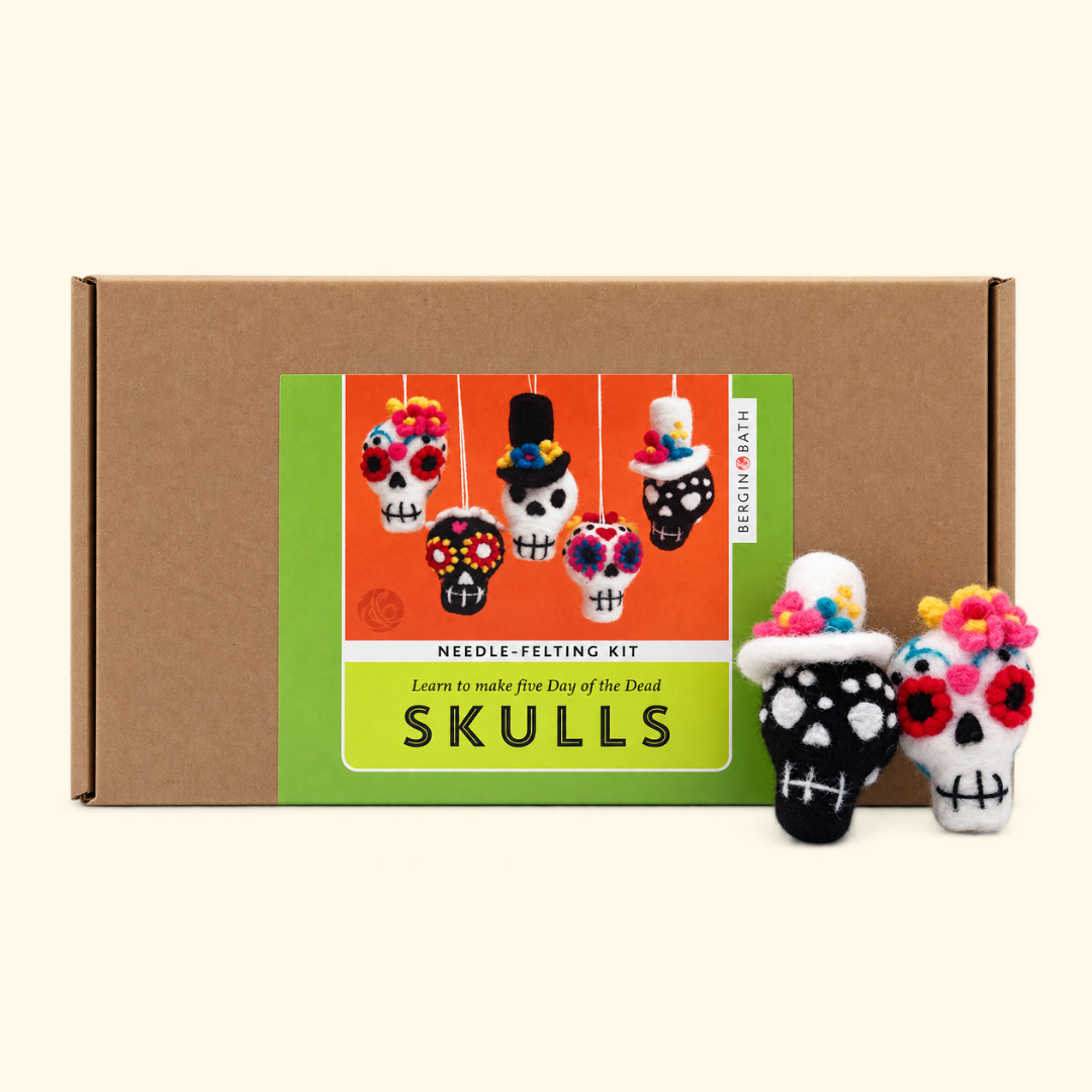 Bergin & Bath sugar skulls needle felting kit with box and finished designs
