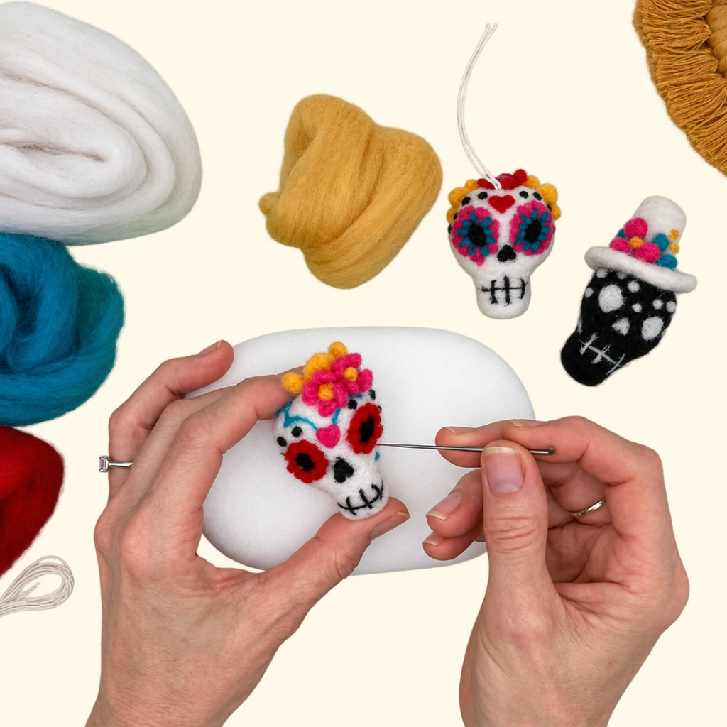Needle felting a colourful sugar skull using wool fibres and a felting needle