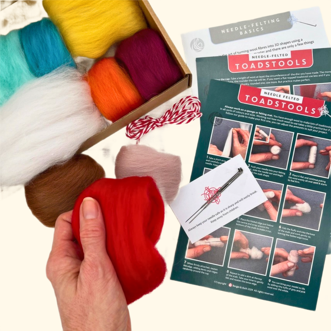 Wool, felting needles and instructions included in the toadstools needle felting kit