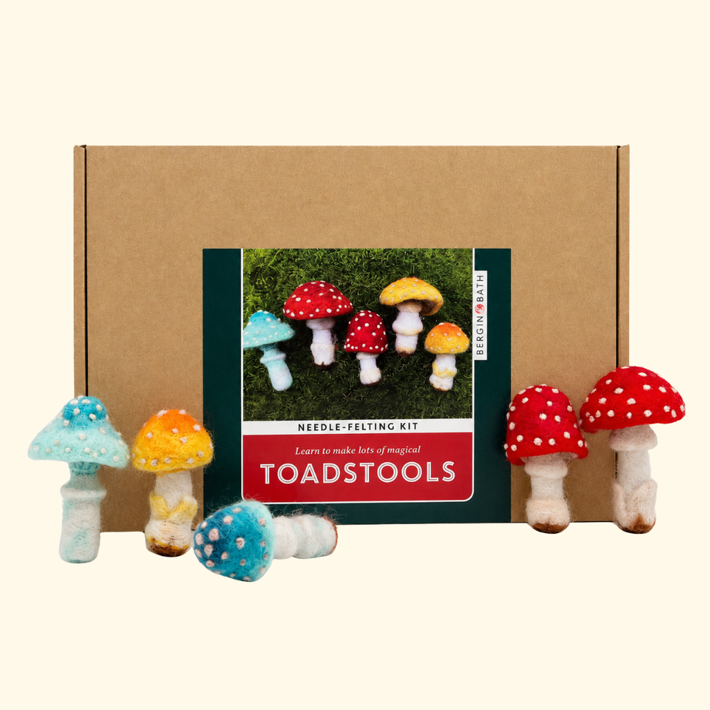 Bergin & Bath toadstools needle felting kit with finished felt mushrooms