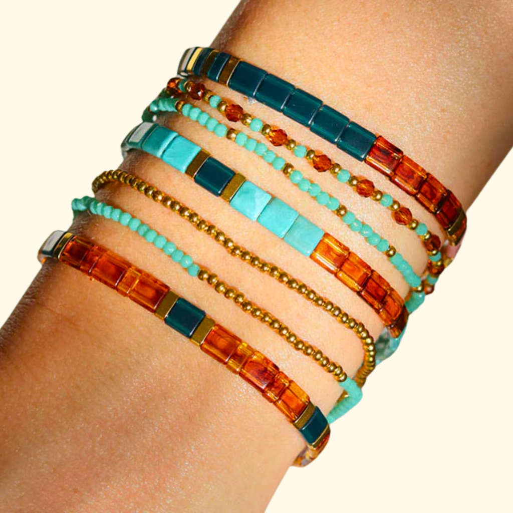 Completed handmade beaded bracelets created with the La Petite Epicerie bracelet making kit.