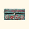 Embroidered felt sewing pouch with decorative circular floral motifs and button closure