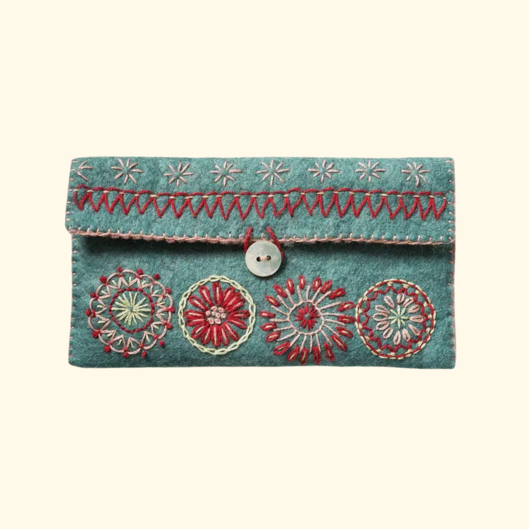 Embroidered felt sewing pouch with decorative circular floral motifs and button closure
