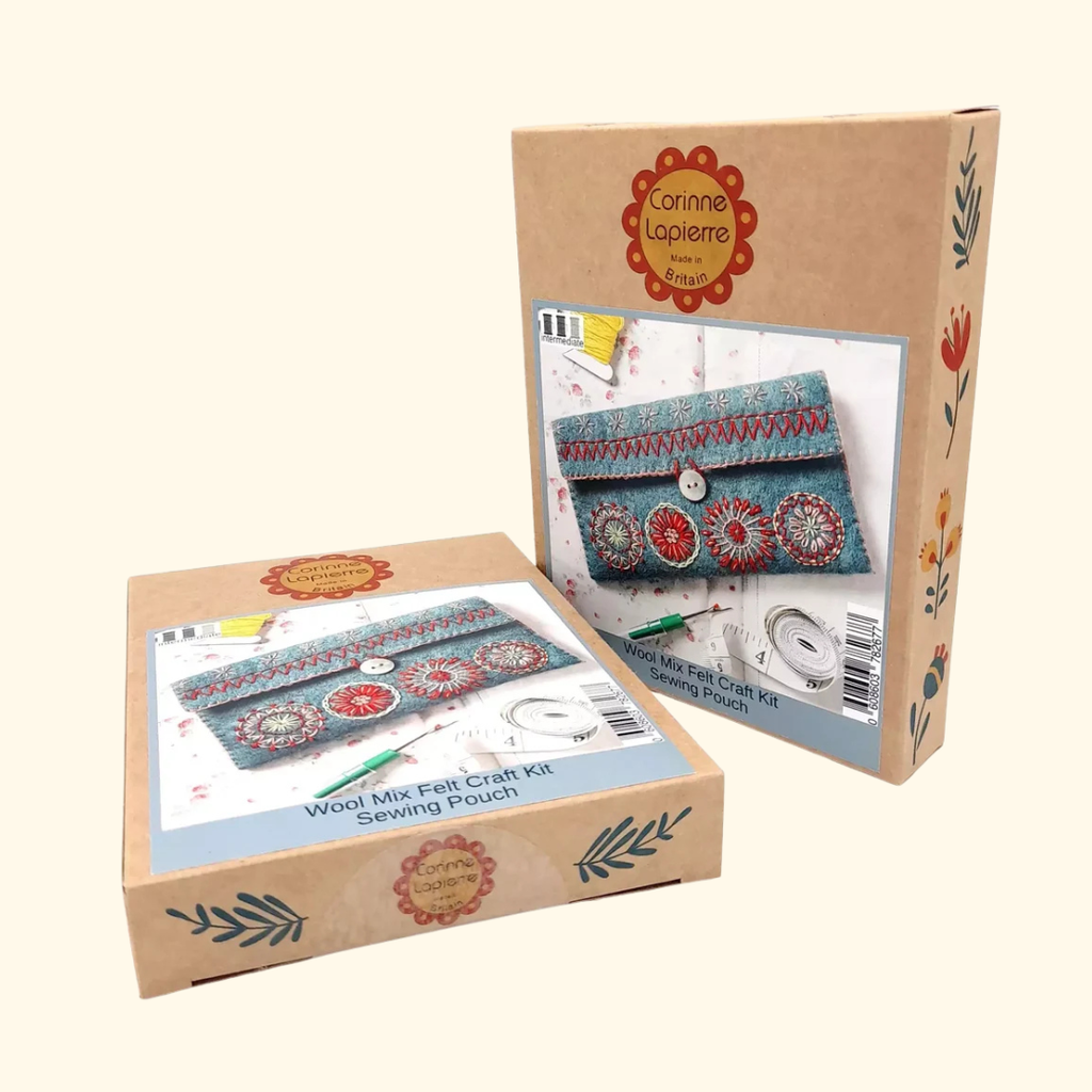 Sewing Pouch Felt Craft Kit by Corinne Lapierre with packaging, felt and embroidery materials