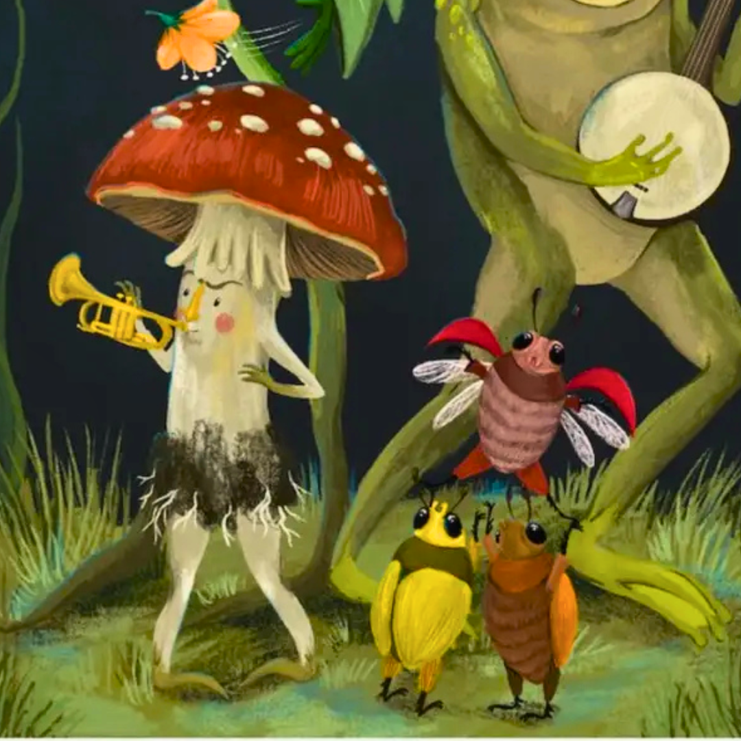 Close-up detail of the Showtime A4 art print by Anna Seed Art showing whimsical mushroom characters surrounded by flowers and botanical details.