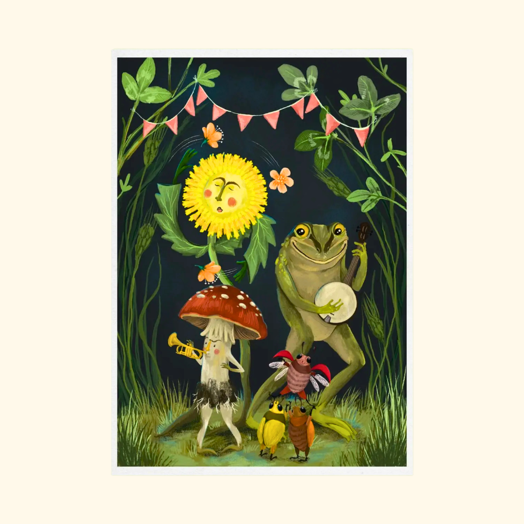 Showtime A4 art print by Anna Seed Art featuring whimsical mushroom characters, flowers, insects and botanical details on a dark green background.