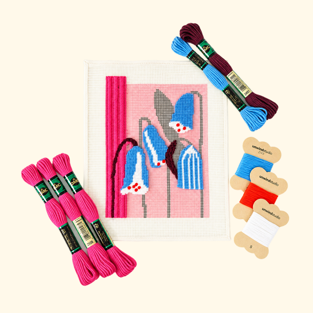 Silky Leather Needlepoint Kit with portrait canvas, colourful DMC threads and stitching tools