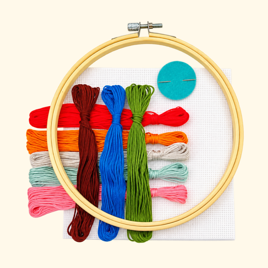Small Joys Cross Stitch Kit by Budgiegoods with wooden hoop, Aida fabric and colourful cotton embroidery threads.