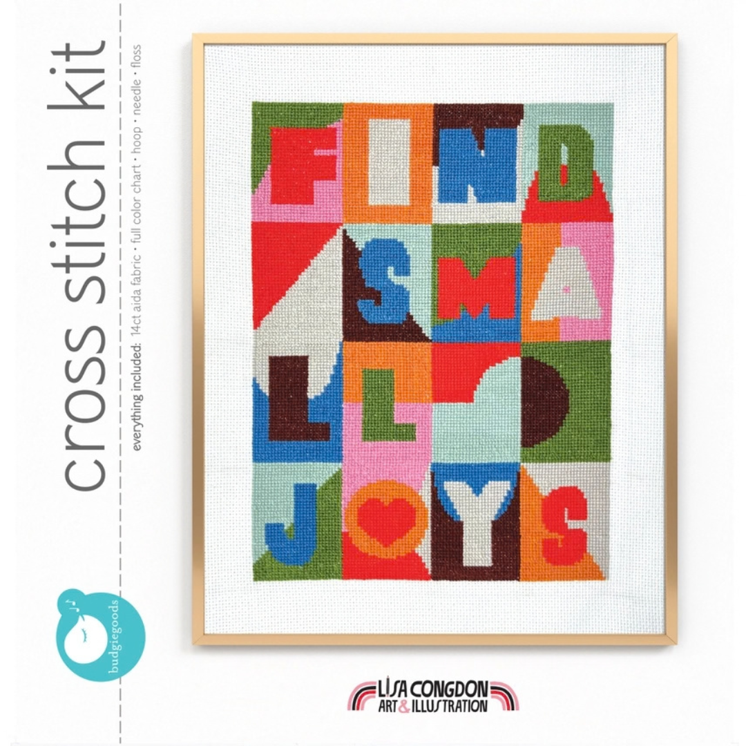 Small Joys Cross Stitch Kit by Budgiegoods in retail packaging, showing the finished colourful design.