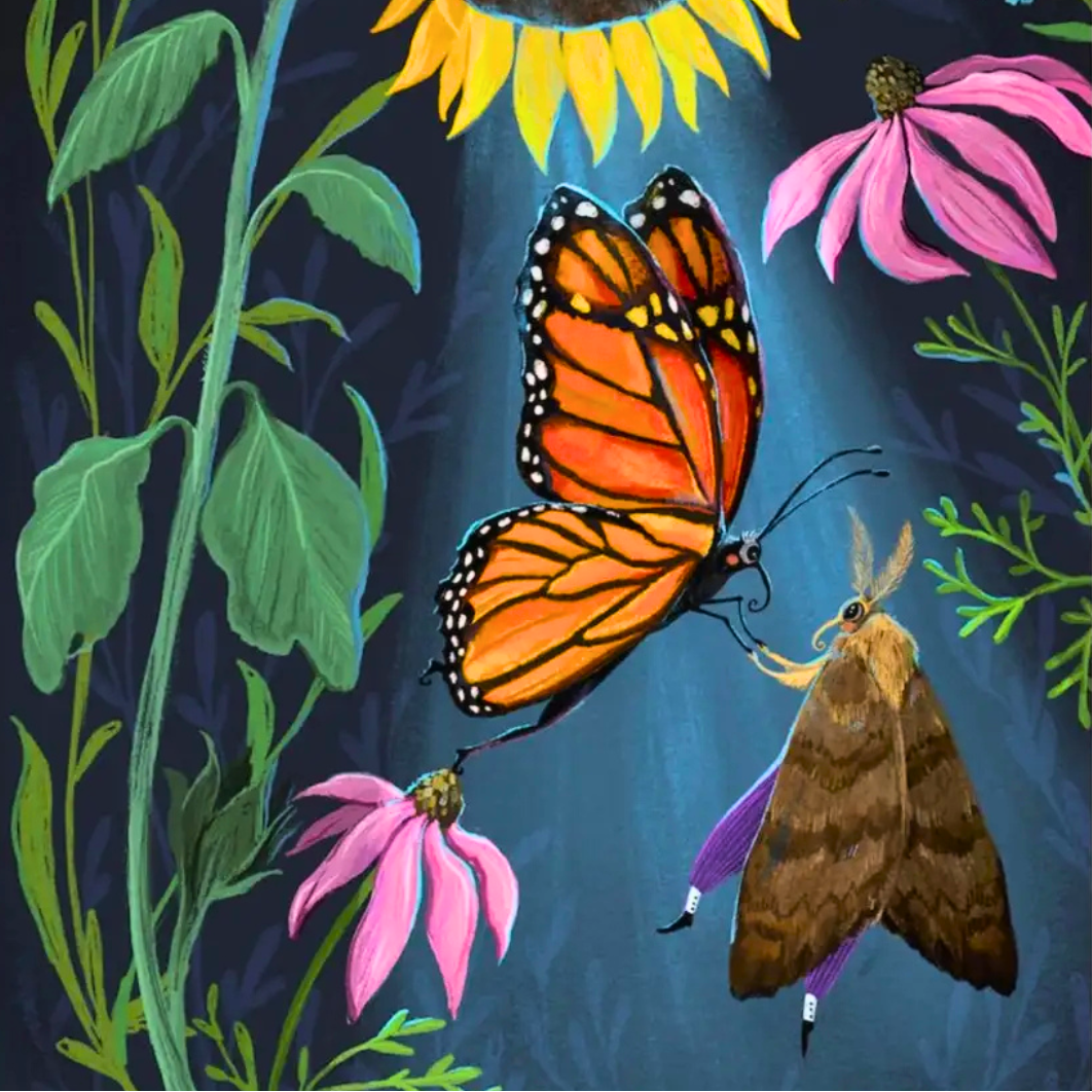 Close-up detail of the Sunflower Dancers A4 art print by Anna Seed Art showing an orange butterfly and brown moth surrounded by sunflowers and pink flowers.