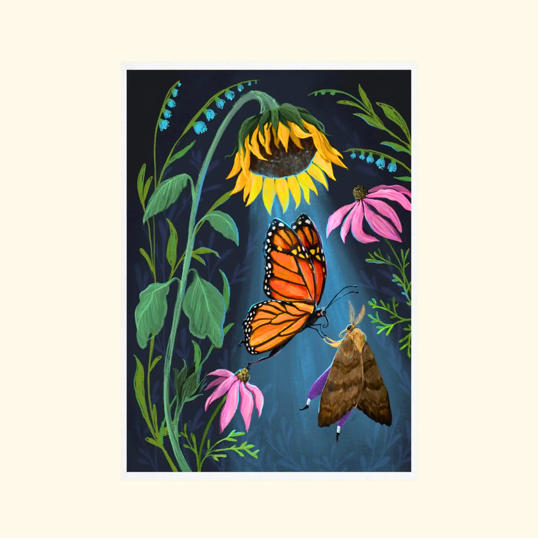 Sunflower Dancers A4 art print by Anna Seed Art featuring colourful butterflies and moths dancing among sunflowers and pink wildflowers on a dark background.
