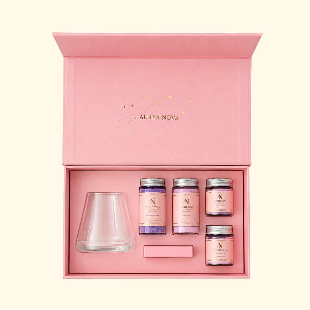 Aurea Nova Taro Dream Sand Candle Making Kit in pink gift box with glass vessel, coloured sand wax and candle making supplies.