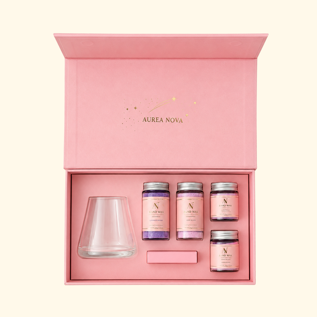 Aurea Nova Taro Dream Sand Candle Making Kit in pink gift box with glass vessel, coloured sand wax and candle making supplies.