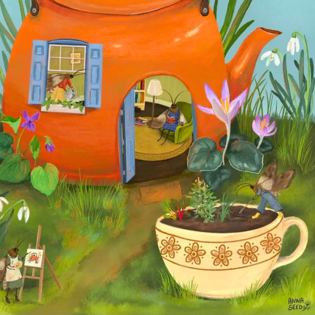 Close-up detail of the Teapot Cottage A4 art print by Anna Seed Art showing the orange teapot house, tiny doorway, flowers, mushrooms and garden details.