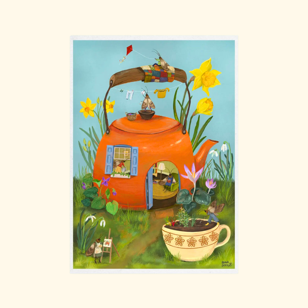 Teapot Cottage A4 art print by Anna Seed Art featuring a whimsical orange teapot house surrounded by flowers, mushrooms and tiny woodland details.