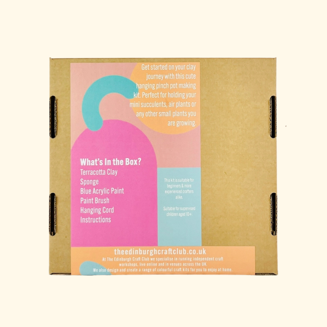 Rear of The Edinburgh Craft Club Terracotta Planter Pottery Kit packaging showing contents, instructions and product information.