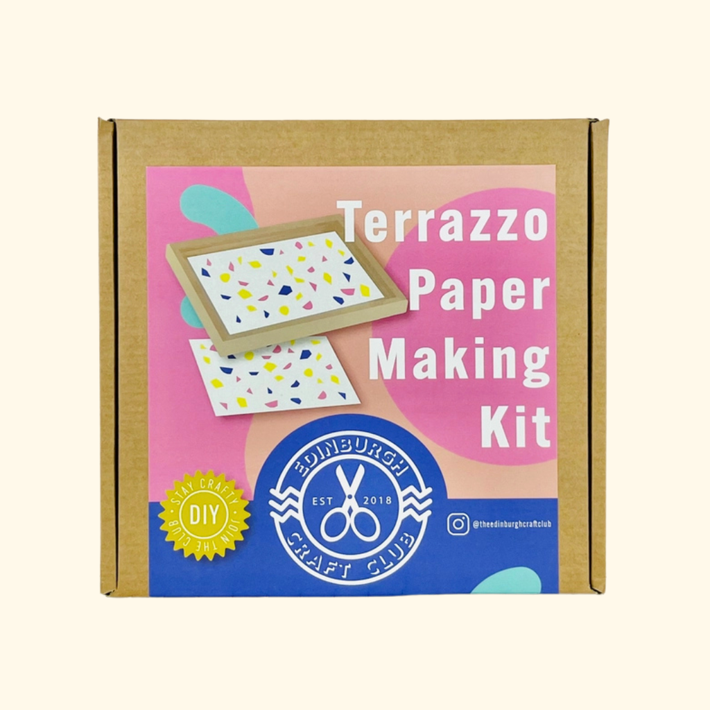 The Edinburgh Craft Club Terrazzo Paper Making Kit packaging showing the complete DIY craft kit with colourful terrazzo-inspired branding.