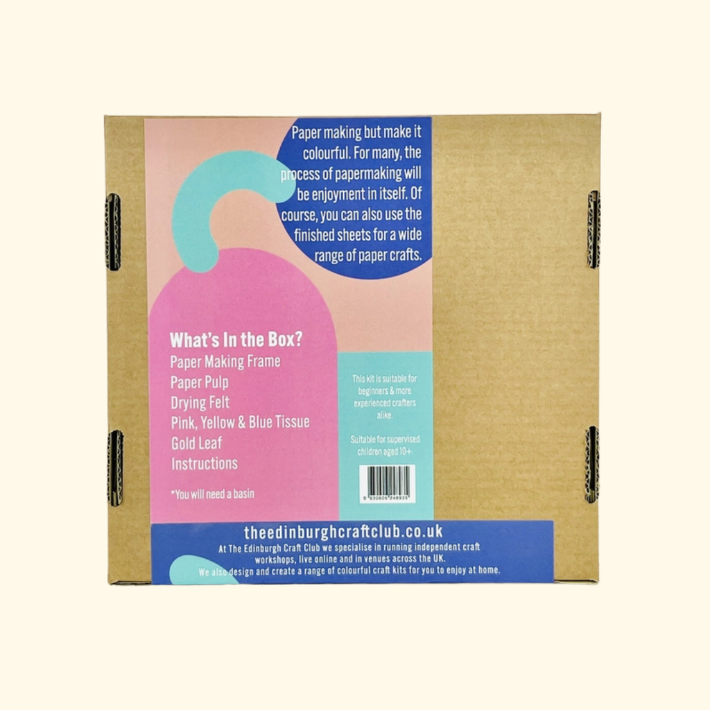 Rear of The Edinburgh Craft Club Terrazzo Paper Making Kit packaging showing contents, instructions and product information.