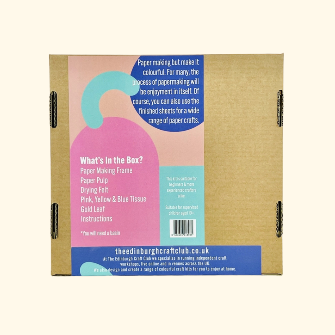 Rear of The Edinburgh Craft Club Terrazzo Paper Making Kit packaging showing contents, instructions and product information.